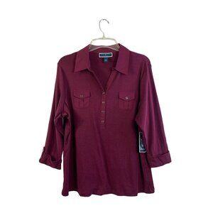 Karen Scott Burgundy Button-Up Top, 1X, NWT